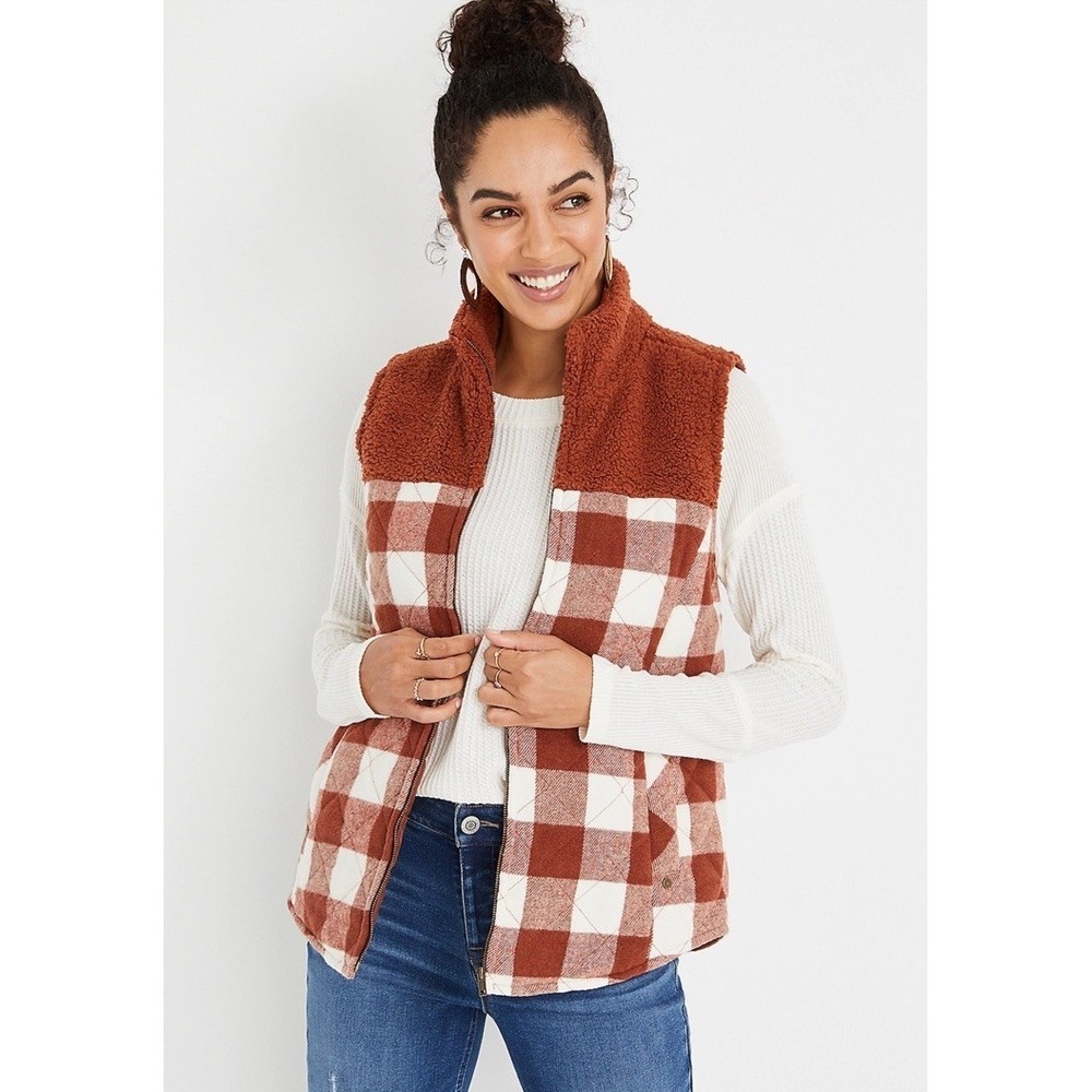 Maurice's Buffalo Plaid Vest Sherpa Full Zip Brown Check NWT Womens Sz XL‎